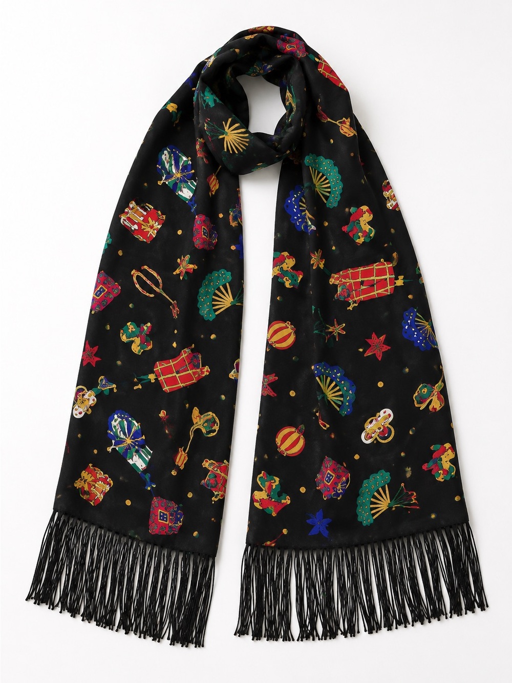 Vintage Diane Von Furstenberg Holiday Treasures Novelty Fringed Scarf Black